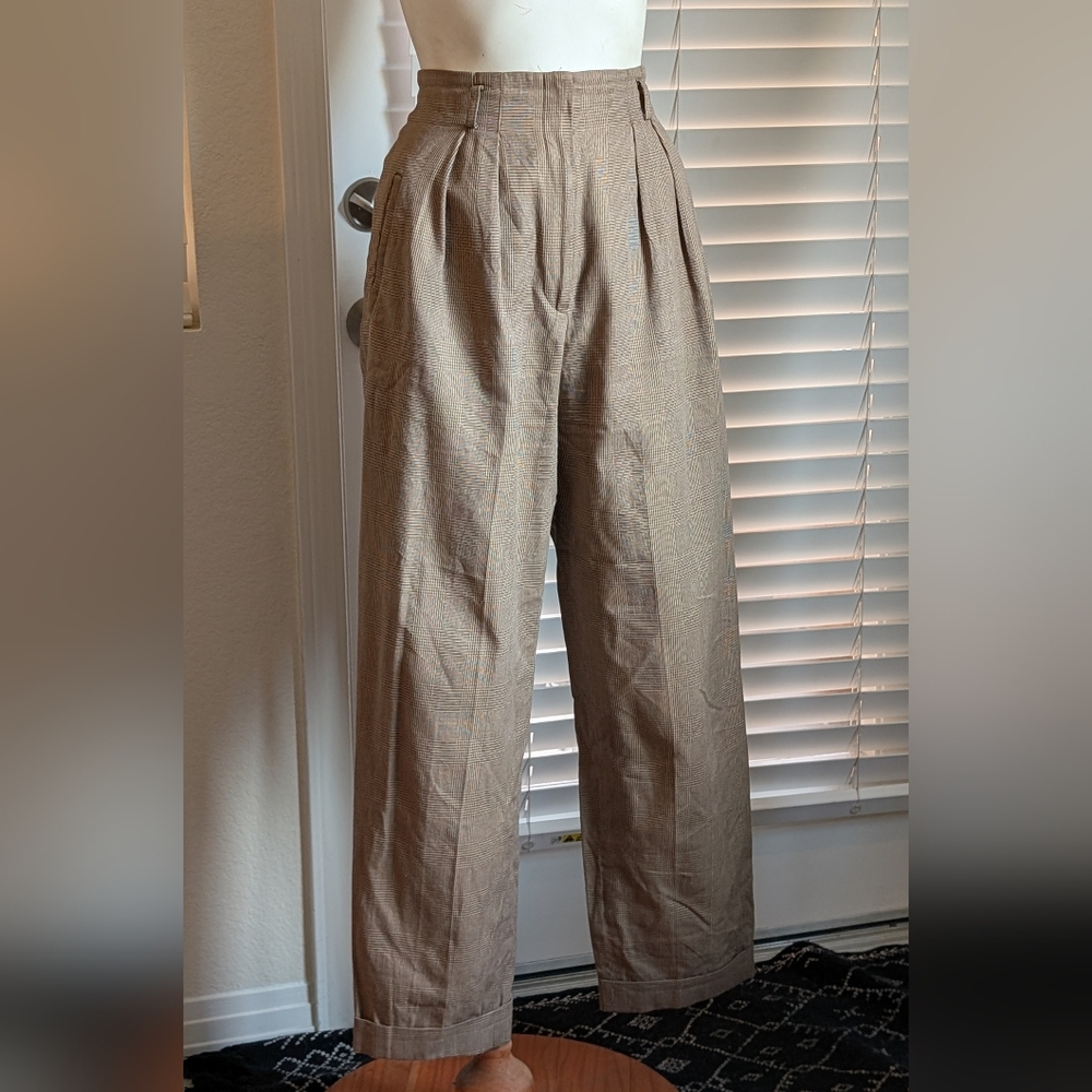 Brown High-waist Pleated Plaid Trousers
